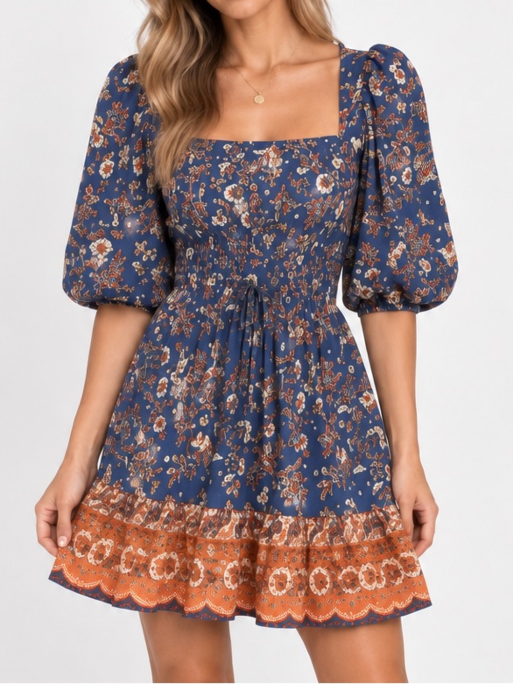 NWT House Of Harlow Boho Peasant Smocked Dress Paisley Blue Orange Cotton Small